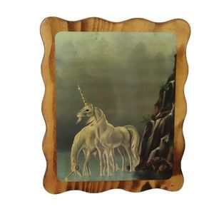 Vintage Sue Dawe Unicorns & Waterfall, 1984 Art Print on Wood